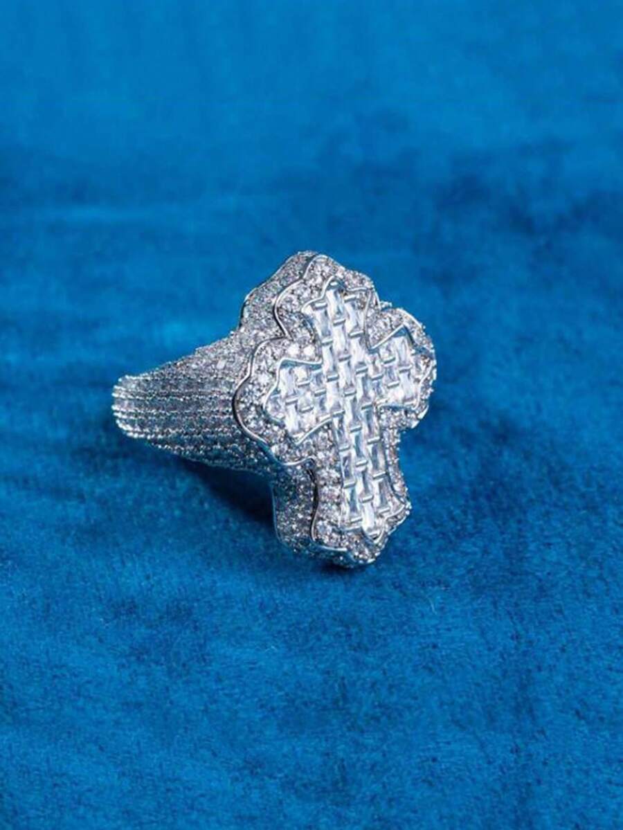 1pc Men's Hip Hop Style Cubic Zirconia Inlaid Triangle & Rectangular Shaped Pendant Necklace, Genuine Silver Plated - Silver - View 1