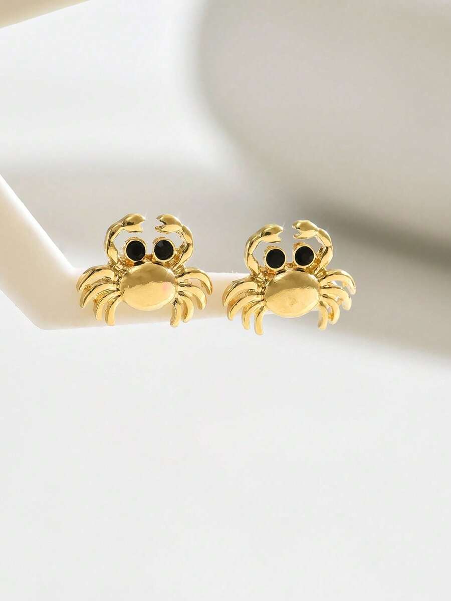 1 Pair Creative Cute Crab Design Gold Color Drop Earrings For Women, Summer Beach Style Gift Idea For Friends - Gold - View 1