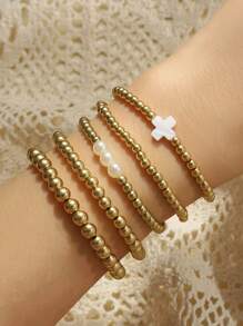 5pcs/Set Boho Style Beaded Bracelet For Women, Minimalist Star & Round Bead Design, Lightweight & Elegant, Suitable For Daily Wear And Parties, Ideal Jewelry Gift For Girls (Bead Order Random)