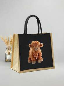 牦牛主题亚麻手提袋套装，黑色亚麻手提袋配黄色滚边，另附黑色零钱包，适合日常购物、手提、个性化礼品包装、旅行，是假日、周末、婚礼、生日、海滩、度假的理想之选，也是送给女性、母亲、教师、朋友以及开学季的绝佳礼物。