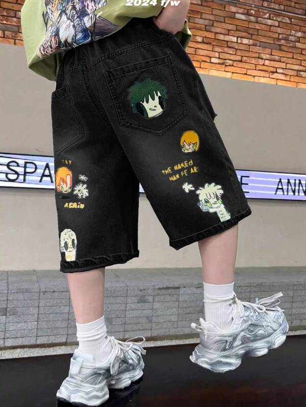 Tween Boy Cartoon Print Denim Shorts, Fashionable For Summer