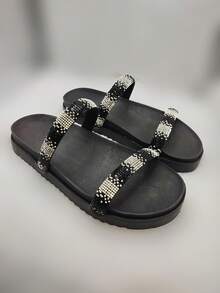 Women's Flat Sandal  Rhinestone Straps Shiny Two In One Comfortable Adjuster - Glossy Black 4 - View 2