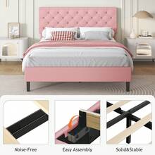 HOMBCK Bed Frame, Upholstered Platform Bed With Headboard, PU Leather Fabric Bed Frame, Button Tufted Design, Bed Frame Queen Full Twin , No Box Spring Required, Easy Assembly - Pink - View 3