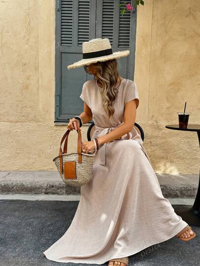 Vestido de verano informal de manga corta y unicolor en tallas grandes