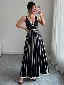 Vestido largo de corte evasé de escote profundo en V sin mangas, ajustado, con estampado de contraste en blanco y negro, para uso casual, oficina diaria, graduación y fiestas, nueva ropa de mujer para primavera y verano - Blanco y Negro - Ver 6