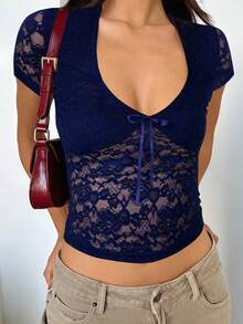 Vaiaye 女士性感蕾丝收腰修身圣诞短袖针织上衣，春季 - 藏蓝色 - 查看 8