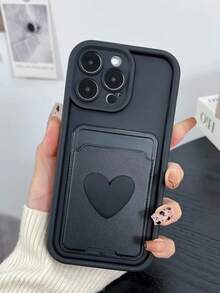 Heart 1pc Minimalist Dopamine-Printed Matte Phone Case With Card Slot, Fits 16 Pro Max - Black - View 4