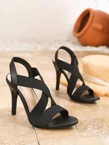 时尚圆头优雅交叉带夏季女士高跟凉鞋，适合婚礼和派对等场合 - 黑色 - 查看 6