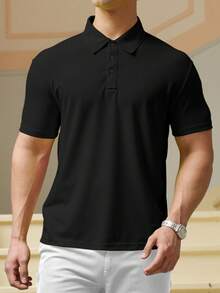 Speed mate 男士夏季纯色高尔夫 Polo 衫，黑色、咖啡色、灰色、绿色常规版型休闲商务高尔夫 Polo 衫 - 黑色 - 查看 2