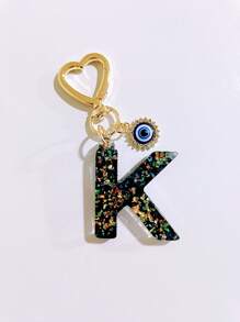 1pc Laser Black Shiny Resin A-Z Initial Keychain, With Devil Eye And Heart Keyring Bag Charm Pendant, Party Favor, Suitable For Holiday Gifts To Friends