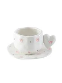1pc Elegant Heart-Shaped Ceramic Mug & Saucer Set, Unique Handle Design, Cute Pattern Cup, Office Coffee Mug, Afternoon Tea Set, Holiday Gift, Couple Mugs - 彩色 - 查看 17