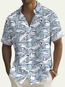Camisa de manga corta con botones y estampado digital 3D de tiburón oceánico para hombres de talla grande - Celeste - Ver 2