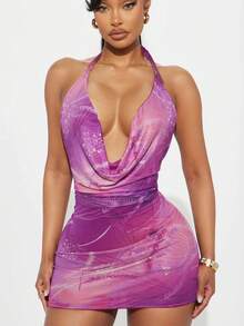 Damen Träger Kleid mit Blumenmuster Minirock, sexy ärmelloses rückenfrei Sommerkleid für Partys - Violett - Übersicht 1