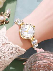 SOKI SOKI 6 Stück Damen Uhr Frauen Luxus Kristall-besetzte Digital-Zifferblatt Quarz Uhr und Halskette, Ohrringe, Ringe Armband Ringe Schmuckset, geeignet für den täglichen Gebrauch, Schulanfang, Abschlusszeit, Erntedankfest, Paare, die beste Geschenkidee, Uhrbox nicht enthalten