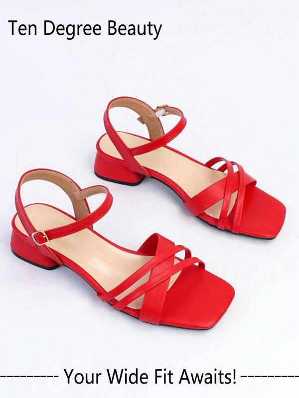 Wide Fit Women's French Cross Strap High Heel Sandals, 2025 Summer New Fashion Versatile Square Toe Buckle Strap Vacation Outdoor Roman Sandals