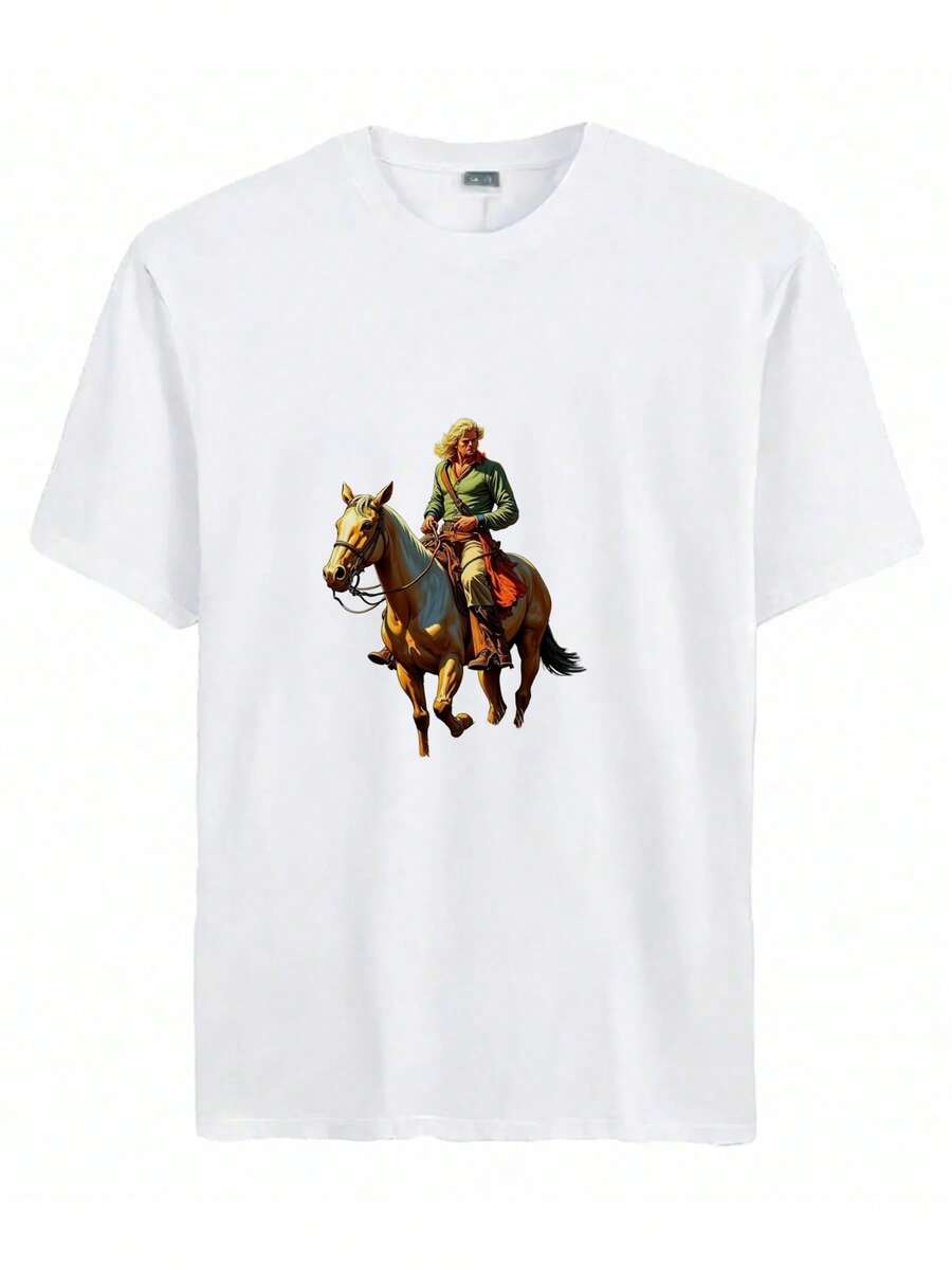 Camiseta unisex de caliente en verano con portada de revista que muestra a un hombre montando un camello con una lanza, vistiendo un atuendo azul y un sombrero grande, con montañas de fondo en el año 2025 - Blanco - Ver 1