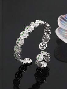 2pcs Set Luxury Elegant Smiling Face Bangle And Ring Set, Fashion Minimalist Copper Alloy Cubic Zirconia Jewelry Set, Valentine's Jewelry Gift