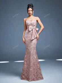 Vestido Longo Sereia Anpoket com Decote em V, Novo Lançamento, Doce Vestido para Dama de Honra, Franzido, Laço, Renda Contrastante, Corpete Justo