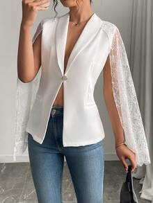 Women's Elegant Fashion Lace Panel Collar Blazer, Solid Woven Fabric Lace Splice Suit Jacket For Evening Date, Festival, Daily Formal Occasion, Spring Summer Autumn - White - View 2