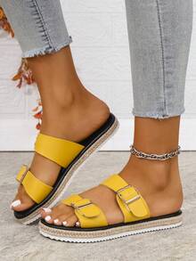 1 par de sandalias de mujer de unicolor con suela tejida de cuerda, estilo callejero ligero y elegante con suela gruesa, adecuadas para vacaciones, uso neutro, interiores, exteriores, playa, todo el año - Amarillo - Ver 4