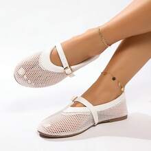 时尚镂空网眼女鞋，一脚蹬平底鞋，带扣轻便软底网鞋，休闲室内/室外穿着，舒适芭蕾平底鞋，春夏 - 白色 - 查看 3