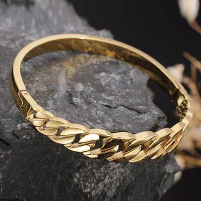 1pc Stainless Steel 18K Gold Color Cuff Bracelet, Vintage Smooth Asymmetrical Hollow Chain Design Accessories For Women, Retro Elegant Fashion Versatile, Suitable For Ladies Work/Commute, Gift For Girlfriend