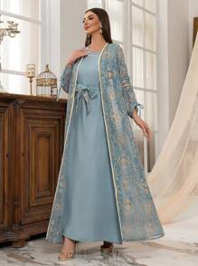 Middle Eastern Muslim Clothing Is Fashionable And Elegant, With An Embroidered Cardigan Set For Summer Dresses
