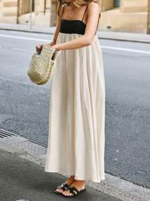 Plus Size Women Loose Fitting Suspender Linen Color Block A-Line Maxi Dress