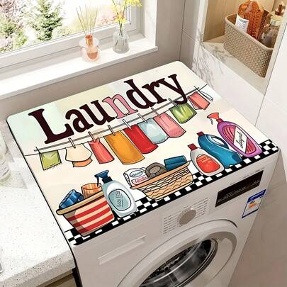 1pc Rubber Non-Slip Soft Washing Machine Mat Pad, Laundry Room Cartoon Text Print, Absorbent Top Protective Pad, Quick Dry Refrigerator Dustproof Cover, Modern Laundry And Kitchen Appliances Washer And Dryer Dust Cover, Home Decor, Kitchen And Dining Room Decor