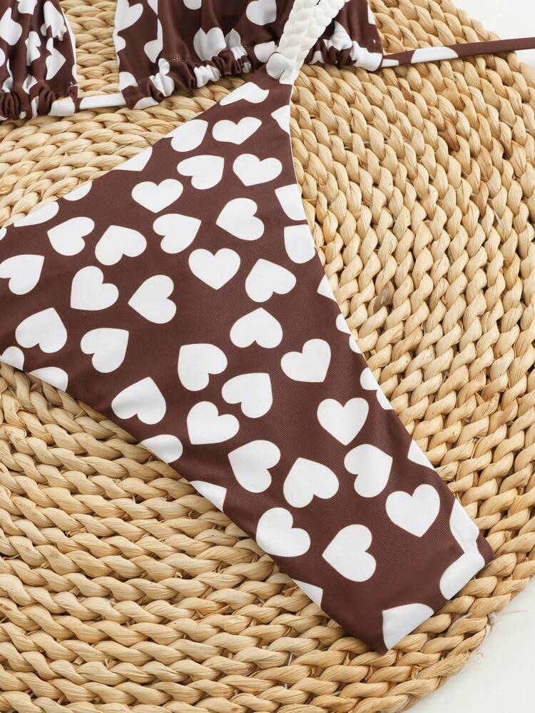 Set bikini con lacci e stampa a cuore, senza schienale e con perizoma, costumi da bagno estivi casual e elasticizzati per vacanze e spiaggia - Caffè Marrone - Visualizzare 6