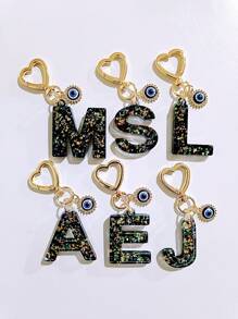 1pc Laser Black Shiny Resin A-Z Initial Keychain, With Devil Eye And Heart Keyring Bag Charm Pendant, Party Favor, Suitable For Holiday Gifts To Friends