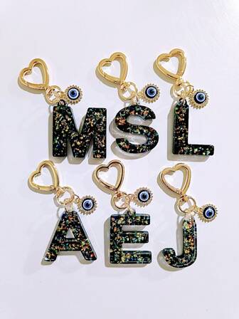 1pc Laser Black Shiny Resin A-Z Initial Keychain, With Devil Eye And Heart Keyring Bag Charm Pendant, Party Favor, Suitable For Holiday Gifts To Friends