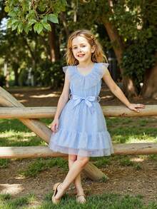 Toddler Girls' Tulle Dress - Star Print Sleeveless Pageant Gown With Belt  Wedding  Party Sparkle Trim - Blue - View 3