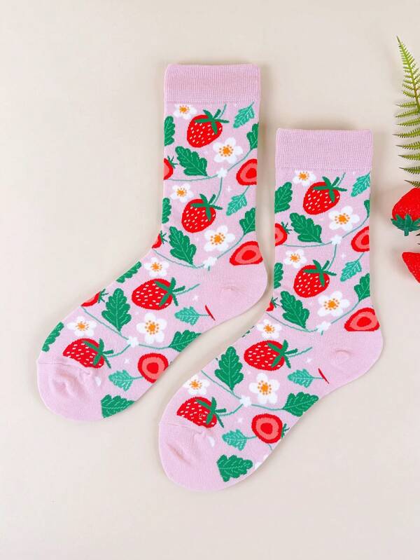 Cute Strawberry & Floral Print Mid-Calf Socks For Women Soft Pink