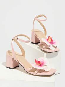 女士优雅高跟凉鞋，花朵装饰，露趾，闪亮，适合派对、户外活动、时尚场合，粗跟，粉色，春夏装扮 - 淺粉色 - 查看 6