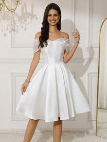 女士露肩亮片缎面返校节礼服，短款 A 字形礼服舞会礼服，返校节、婚礼、毕业典礼、派对、鸡尾酒会 - 白色 - 查看 1