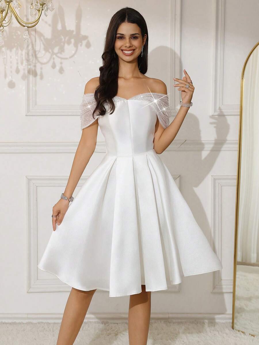 女士露肩亮片缎面返校节礼服，短款 A 字形礼服舞会礼服，返校节、婚礼、毕业典礼、派对、鸡尾酒会 - 白色 - 查看 1