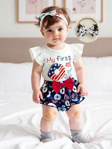 My First 4th Of July Baby Girl Outfit Popsicle Letter Print Flying Sleeve Romper Popsicle Pattern Tiered Ruffled Tutu Skirt Shorts Set Fourth Of July Clothes - trắng - Xem 3