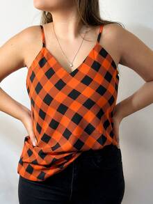 Women's Tank Top With Adjustable Straps Basic Crepe Strappy Top - Orange Chess - View 2