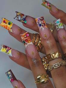 24 Pcs Long Square Detachable Portable Press On Nails Gift Box, Cool And Spicy White Rice Dumpling Color-Matching Crocodile Pattern Seven-Color Round Diamond Golden Star Personalized Gift, Essential For Banquets, Dusk Sunset Wave French Edge Fashionable Matching Detachable Nail Art With 1 Piece Of Jelly Glue And 1 File Strip Nail Supplies Nails - Multicolor - View 2