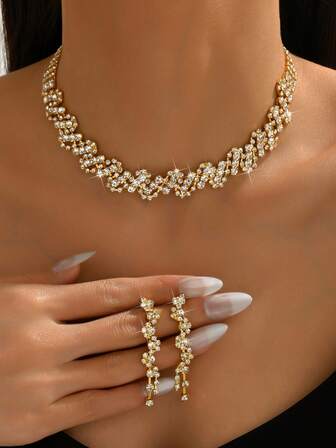 Women Jewelry Set Necklace Earrings 3pcs Geometric Pattern Party Elegant Bridal Wedding Accessories Valentine's Day Accessories