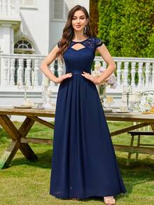 花卉蕾丝甜心领雪纺下摆正式派对礼服优雅舞会晚会婚礼宾客礼服，适合毕业典礼、晚宴