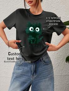 Customized Women's T-Shirt - Add Your Text And Photos (Landscape/Badge/Couple/Family/Selfie/Pet), Choose Font And Color, Suitable For Summer Travel, Gift For Girlfriend, Women's T-Shirt, Fashion, Hiphop, Casual, Minimalist, Personalized, Customized, Unique, Men's Clothing, Capsule Wardrobe, Men's Basics/Streetwear, Ideal Gift For Him, Boyfriend, Family, Friends, Birthday, Holiday/Vacation, School/Competition, Sports/Climbing Black - Black - View 2