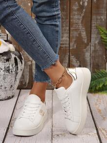 2025 Season Lace-Up Casual Sports College Style Embroidery Sneakers, Student Shoes, Versatile White Sneakers, Platform Increased Height Sports Shoes, Fashionable Versatile Gold Embroidered Rose Sports Shoes - White - View 4