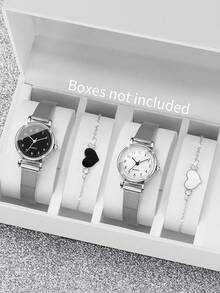 4pcs/Set Jam Tangan Quartz Wanita dengan Tali Kotak-kotak, Desain Klasik, Fashion Minimalis + Gelang Liontin Hati, Kasual (Jam Tangan Tidak Termasuk) - Perak - View 1