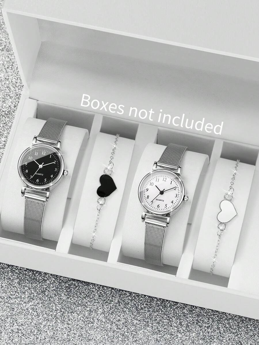 4pcs/Set Jam Tangan Quartz Wanita dengan Tali Kotak-kotak, Desain Klasik, Fashion Minimalis + Gelang Liontin Hati, Kasual (Jam Tangan Tidak Termasuk) - Perak - View 1