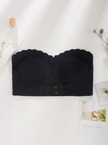 Women Strapless Non-Slip Bra Wireless, Front Closure Seamless Ruffle Hem Bustier - Black - View 2