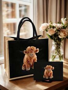 牦牛主题亚麻手提袋套装，黑色亚麻手提袋配黄色滚边，另附黑色零钱包，适合日常购物、手提、个性化礼品包装、旅行，是假日、周末、婚礼、生日、海滩、度假的理想之选，也是送给女性、母亲、教师、朋友以及开学季的绝佳礼物。