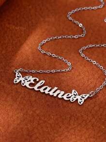 Customized Double Butterfly Name Necklace, Stainless Steel Personalized Name Pendant Necklace Accessory, Birthday Gift For Her