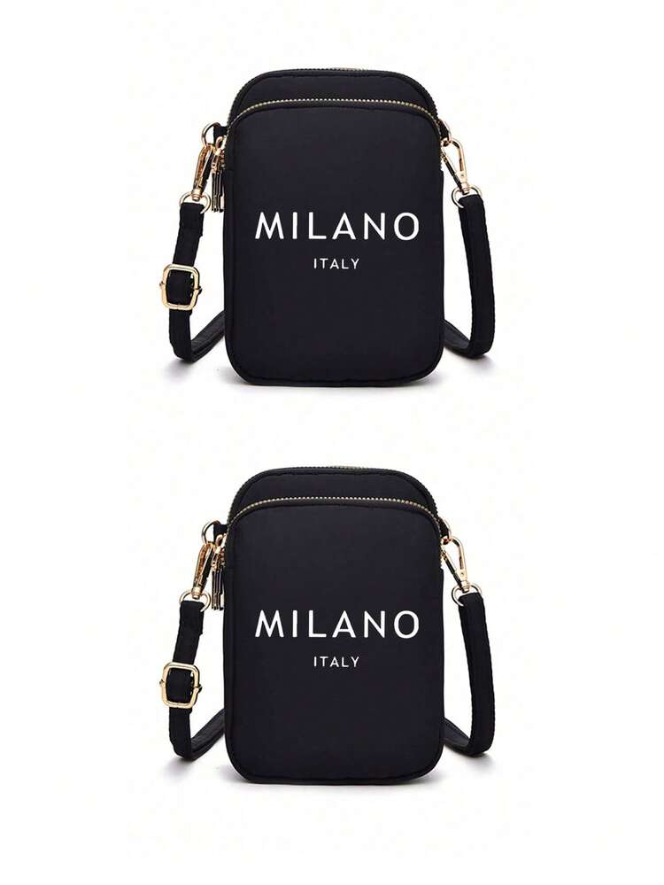 1pc Black Casual & Fashionable Mini Handbag, "Milan Italy" Themed, With Phone Pocket, Coin Purse, Ladies' Crossbody Phone Bag, Shoulder Bag, Wallet, Lightweight & Odorless Polyester Travel Bag - Black - View 10